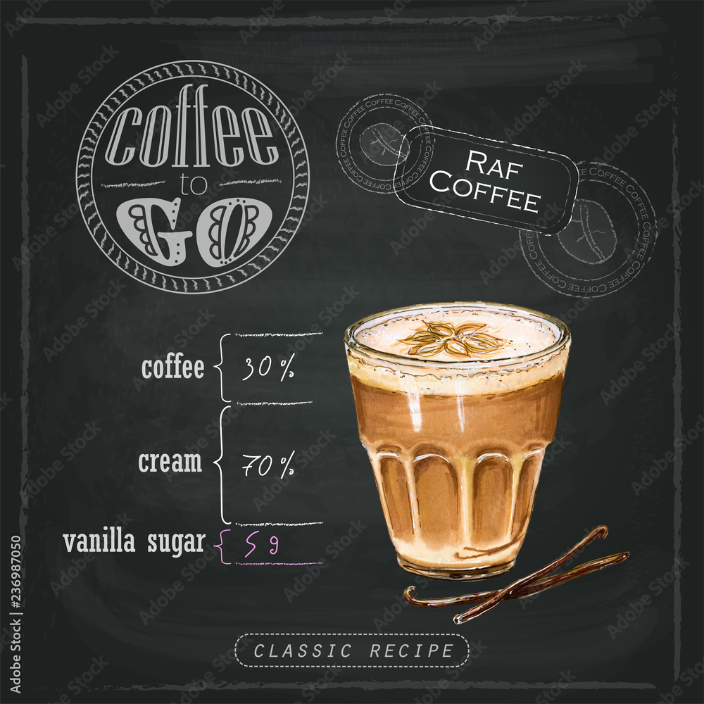Illustration of Raf coffee flavored with vanilla and milk foam in a