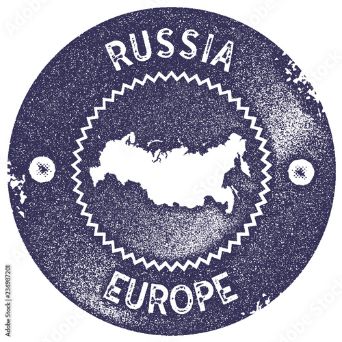 Russia map vintage stamp. Retro style handmade label, badge or element for travel souvenirs. Deep purple rubber stamp with country map silhouette. Vector illustration.