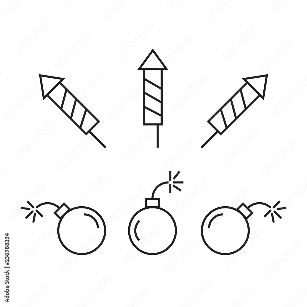 Pyrotechnic icons set. Festival dynamite fireworks with sparks Pyrotechnic icons set. Festival dynamite fireworks with sparks