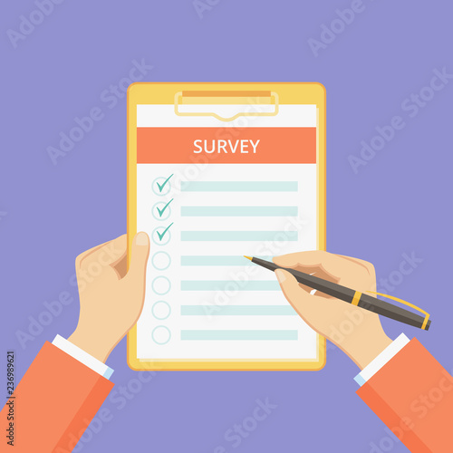 Survey form on clipboard with hands vector illustration. Customer feedback list with checklist on board with paper clip. Flat man hands holding pen and clipboard with survey list on violet background.