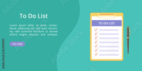 Todo list on clipboard with pen web template. Vector landing page concept, note and task to do on board with paper clip. Web template illustration, pen and clipboard with todo list on green background