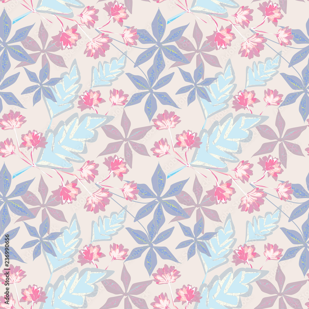 Seamless retro floral pastel pattern .Pink flowers, blue leaves on a light background.