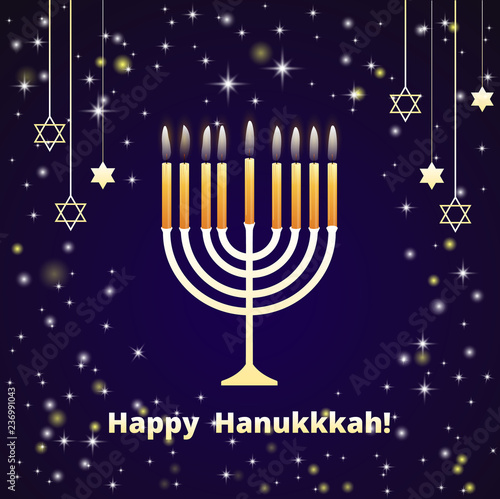 Hanukkah candles on the dark blue background with stars