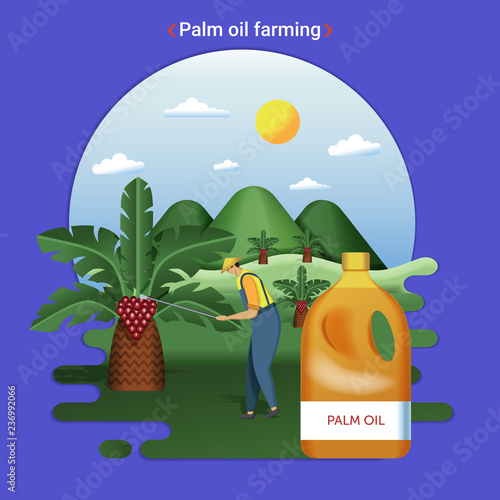 Flat farm landscape illustration of Palm oil farming. Rural landscape with palm hills and palm plantation. The farmer harvesting palm oil.