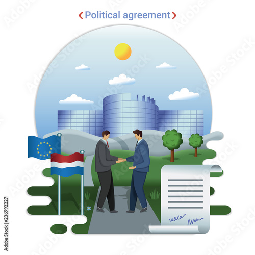 Flat city landscape illustration of political agreement in EU parlament. Two politicial men shake hands after signing an agreement near European Parliament building