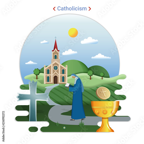 Flat rural landscape illustration symbolizing Catholicism. A Priest goes to serve in the catholic church.