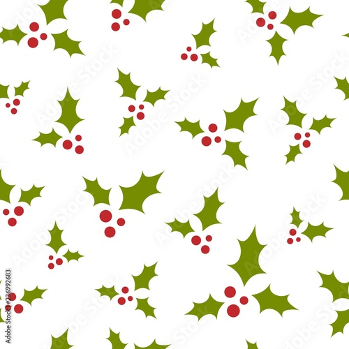 red and green holly berry on white background. seamless winter pattern. Christmas vector ornament.