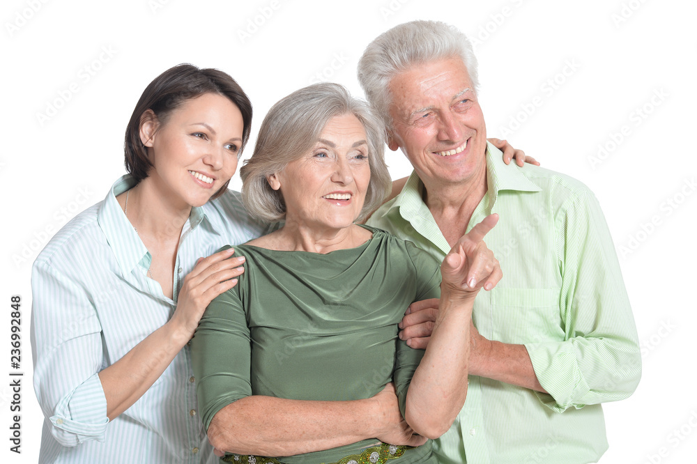 Happy senior parents with daughter, on white background Happy senior parents with daughter, on white background