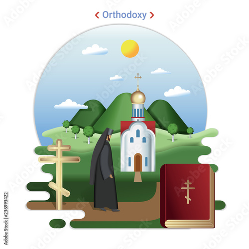 Flat rural landscape illustration symbolizing Orthodoxy. A Priest goes to serve in the Orthodox Church.