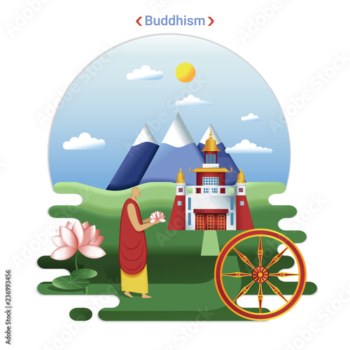 Flat rural landscape illustration symbolizing Buddhism. A Monk goes to Datsan service.