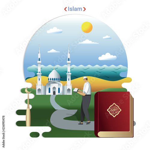 Flat rural landscape illustration symbolizing Islam. A Parishioner goes to prayer in the Mosque.