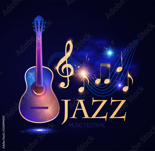 Jazz Concert. Music Design Element with Guitar, Notes and Swirling Stave with Light Effects.