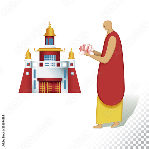 Vector flat icon illustration of symbolizing Buddhism. Colorful objects on a transparent background.