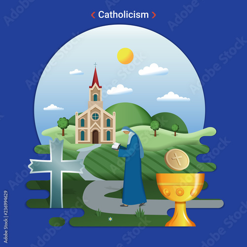 Flat rural landscape illustration symbolizing Catholicism. A Priest goes to serve in the catholic church.