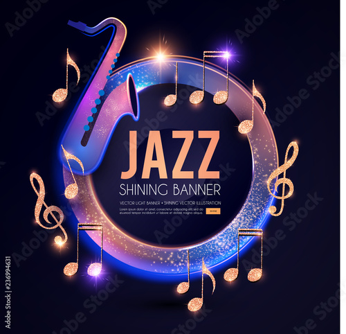 Jazz Concert Poster Template with Guitar, Shining notes and Banner with Lights. Music Event.