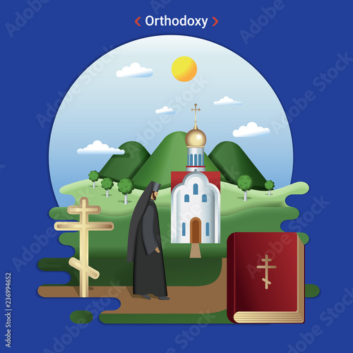 Flat rural landscape illustration symbolizing Orthodoxy. A Priest goes to serve in the Orthodox Church.