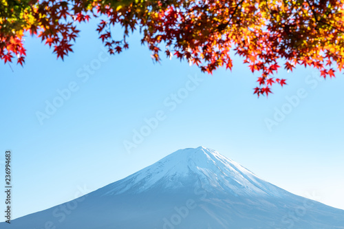 Landscape of view the Mount Fuji and Bright red maple leaf frame Kawaguchiko In the morning is a tourist attraction of Japan. In a small town