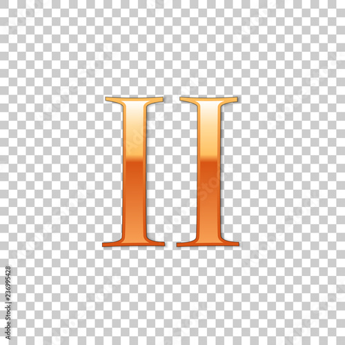 Golden Roman numeral number 2, II, two in alphabet letter isolated on transparent background. Ancient Rome numeric system. Vector Illustration