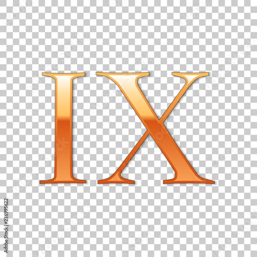 Golden Roman numeral number 9, IX, nine in alphabet letter isolated on transparent background. Ancient Rome numeric system. Vector Illustration