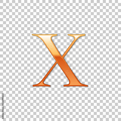 Golden Roman numeral number 10, X, ten in alphabet letter isolated on transparent background. Ancient Rome numeric system. Vector Illustration