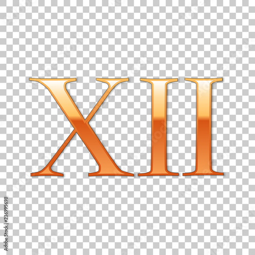 Golden Roman numeral number 12, XII, twelve in alphabet letter isolated on transparent background. Ancient Rome numeric system. Vector Illustration