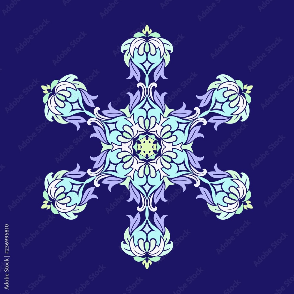 Flat design with abstract snowflakes isolated on blue background. Vector Snowflakes mandala. Flat design with abstract snowflakes isolated on blue background. Vector Snowflakes mandala.