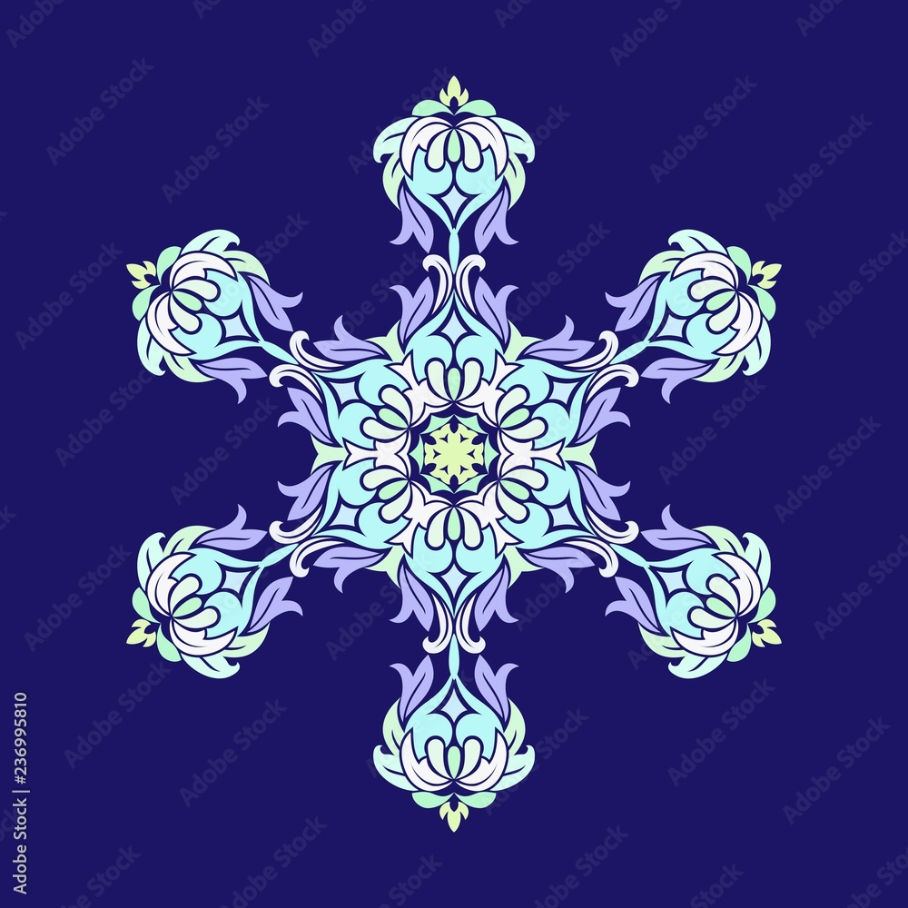 Flat design with abstract snowflakes isolated on blue background. Vector Snowflakes mandala.