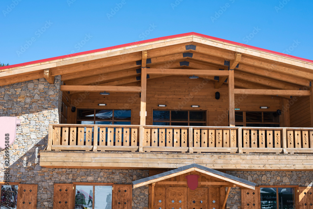 Bansko, Bulgaria, April 03, 2018: Part of a wooden house, Banderishka polyana Bansko, Bulgaria, April 03, 2018: Part of a wooden house, Banderishka polyana