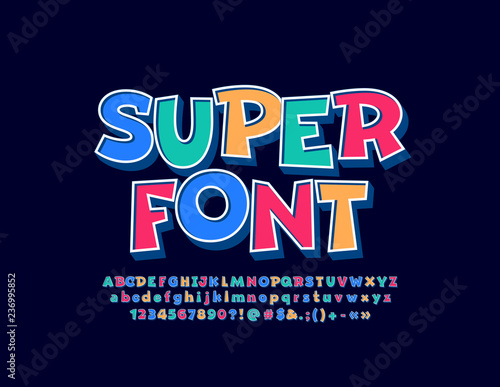 Vector Super funni Kif Font. Colorful 3D Alphabet Letters, Numbers and Symbols for Children.
