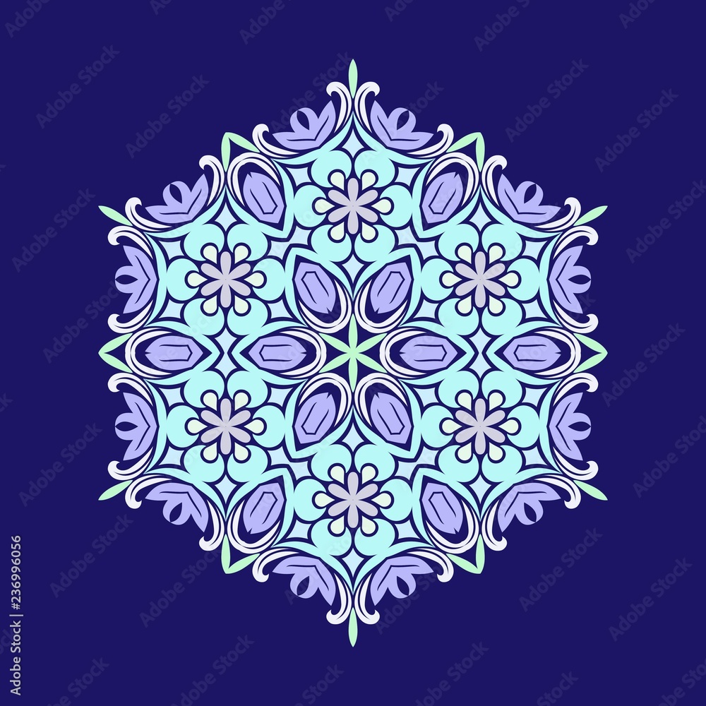 Flat design with abstract snowflakes isolated on blue background. Vector Snowflakes mandala. Flat design with abstract snowflakes isolated on blue background. Vector Snowflakes mandala.