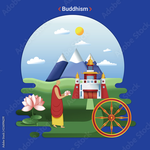 Flat rural landscape illustration symbolizing Buddhism. A Monk goes to Datsan service.