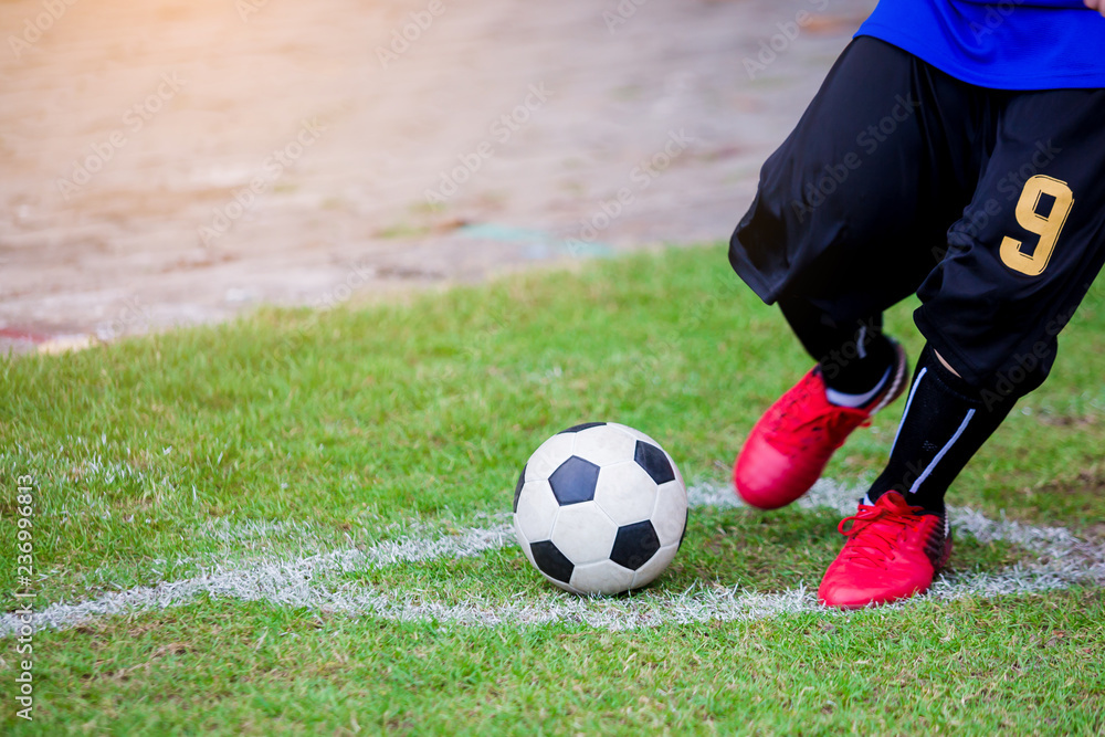 Obraz premium Kid soccer player speed run to shoot ball to goal on green grass.