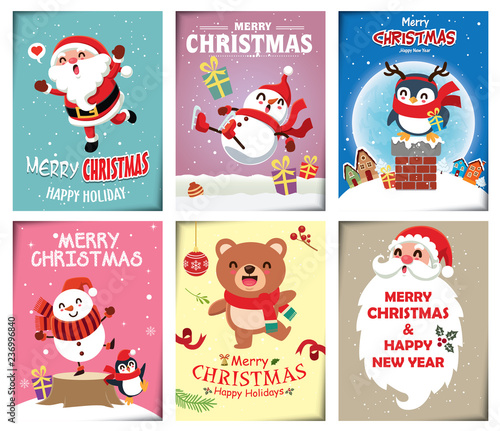 Vintage Christmas poster design with vector snowman, reindeer, penguin, Santa Claus, elf, characters.