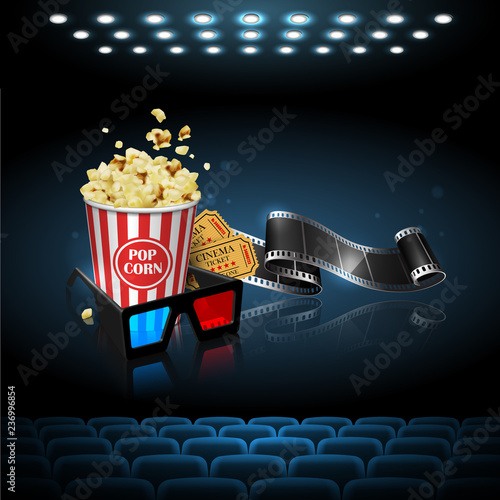 Illustration for the film industry. Film, popcorn and tickets on the cinema screen. Highly detailed illustration