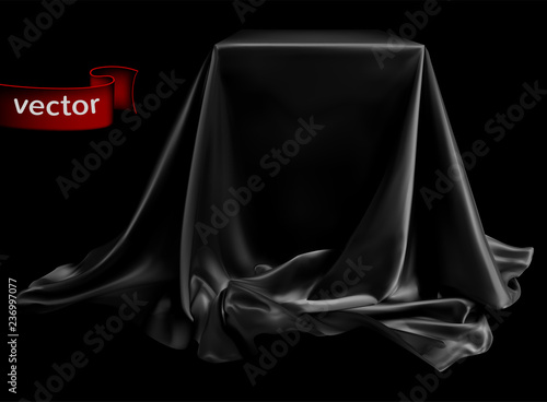 Black silk fabric covering the podium. Beautiful drape. Highly realistic illustration.