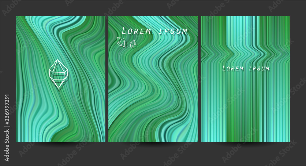 Set of three a4 backgrounds with waves and lines. Green floating