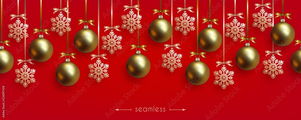 Christmas red seamless border with realistic gold balls and golden snowflakes Christmas red seamless border with realistic gold balls and golden snowflakes