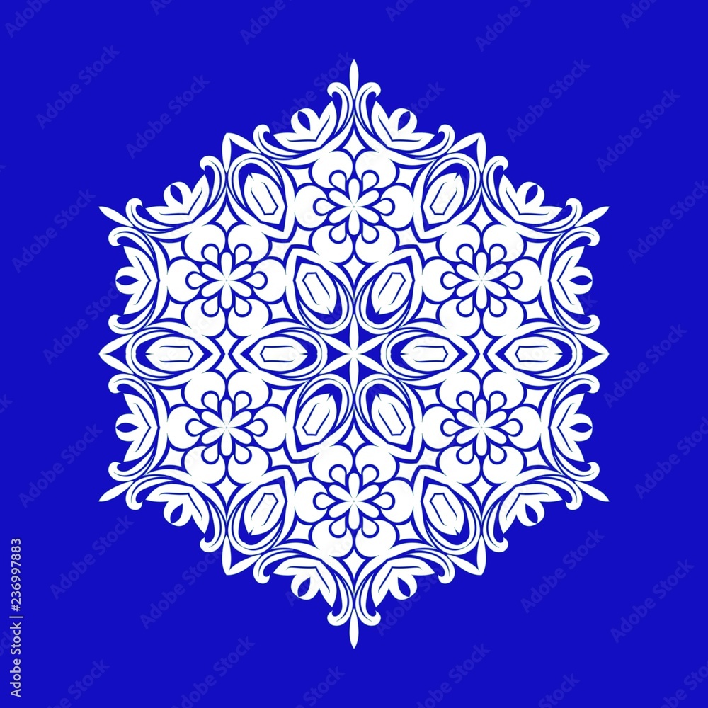 Flat design with abstract white snowflakes isolated on blue background. Vector Snowflakes mandala.