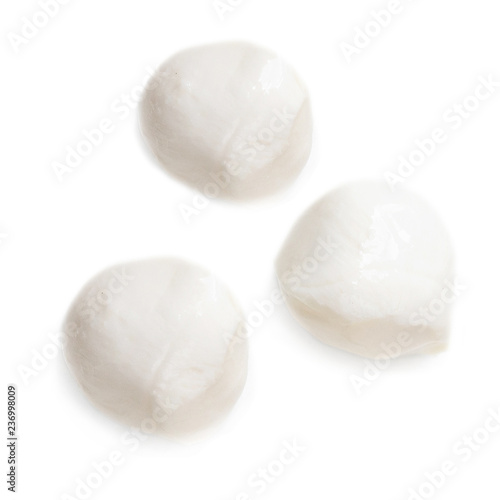 Traditional Italian Mozzarella cheese isolated on white background.  Top view