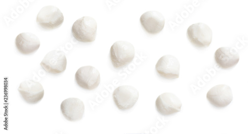 Fresh Mozzarella isolated on white background.  Traditional Italian Mozzarella cheese balls close up.  Top view