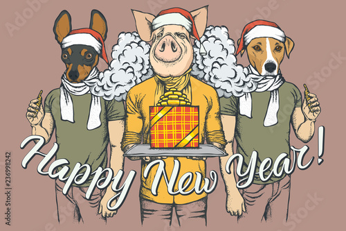 New Year vector concept Pig and two Dogs