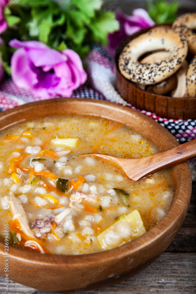 Pickle soup on old wooden table. Pickle soup on old wooden table.