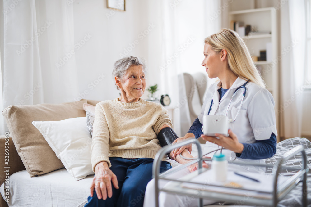 Fototapeta premium A health visitor measuring a blood pressure of a senior woman at home.