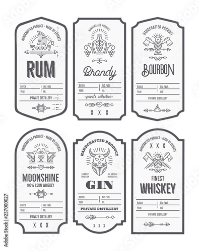 Set of vintage bottle label design with ethnic elements in thin line style. photo