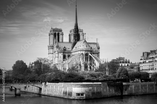 Cathedral of Notre Dame de Paris sunny autumn afternoon. Embankment of the Seine. The natives and tourists take a walk and relax in warm weather. Blurred unrecognizable faces. BW photo. Paris. France.