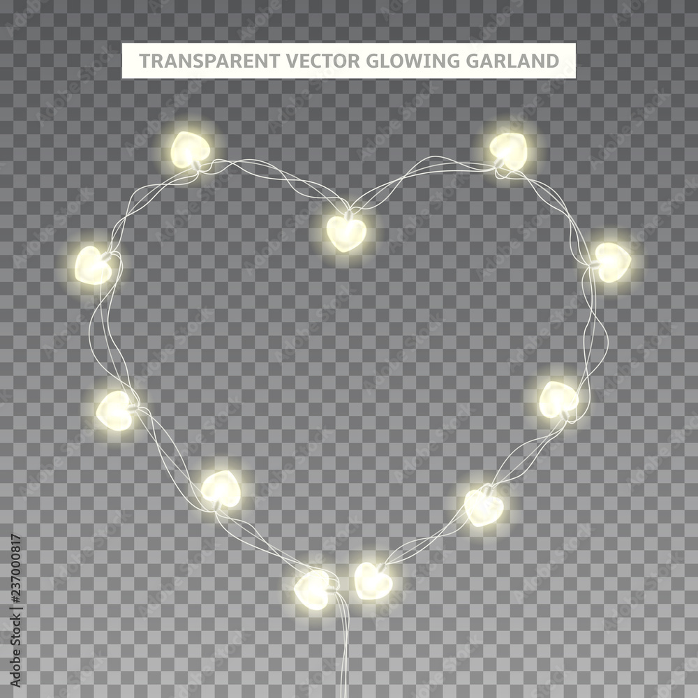 Glowing garland in the shape of heart. Holiday lights isolated on transparent background. Vector illustration with garland with bulbs in the shape of heart. Led lamps for festive design.