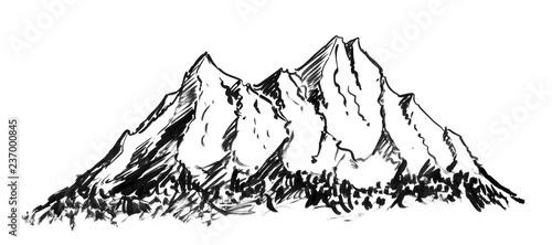 Black brush and ink artistic rough hand drawing of generic mountain landscape.