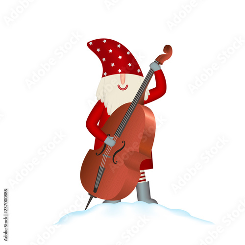 Christmas vector card Santa Claus on white background with contrabass