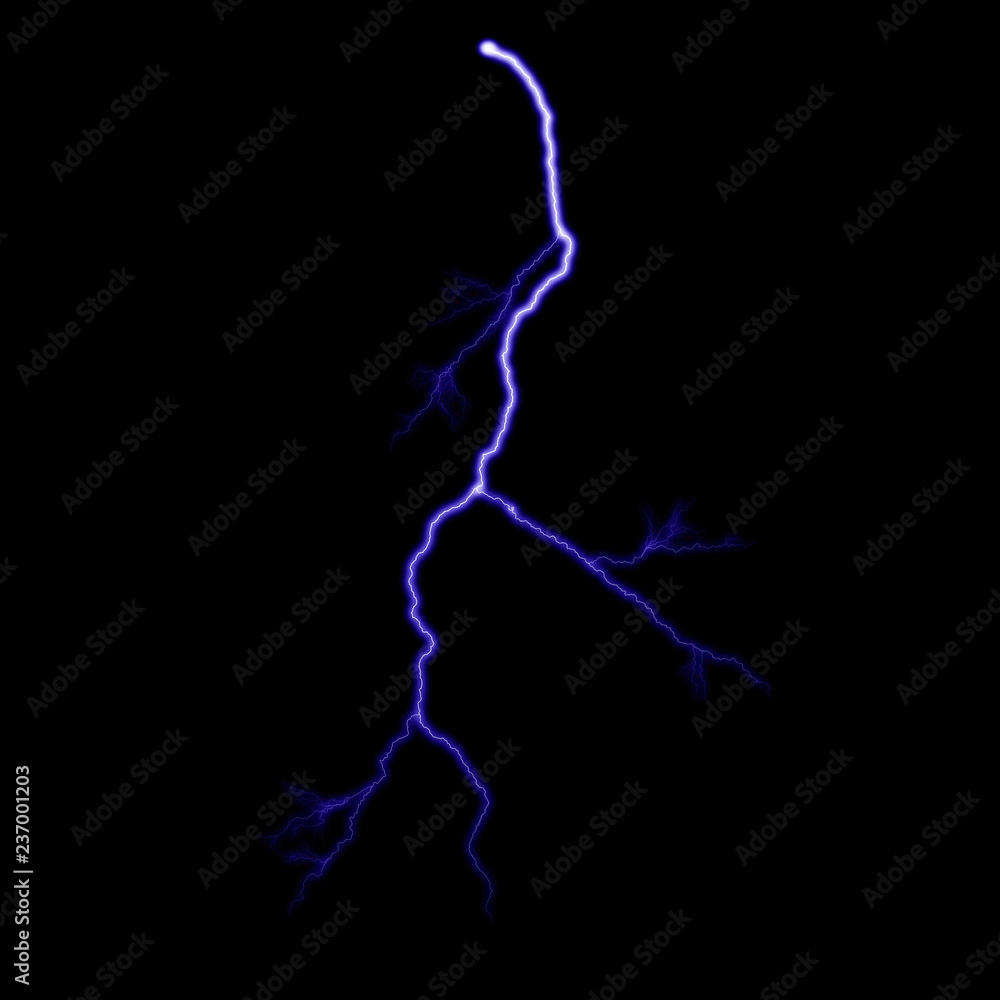 Isolated realistic violet electrical lightning strike visual effect on black night background. Energy change. Isolated realistic violet electrical lightning strike visual effect on black night background. Energy change.