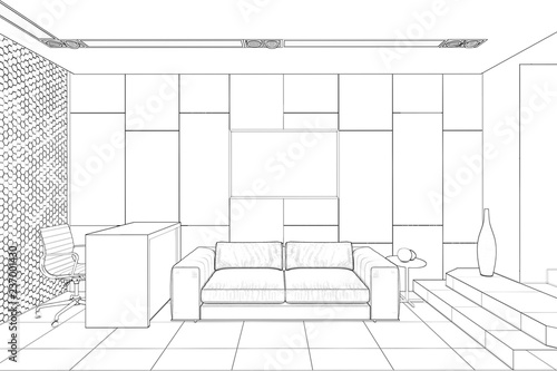3d illustration. Sketch of a reception in a modern office